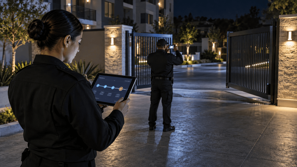 Security supervisor reviewing an incident timeline while an officer documents an open property gate at night.