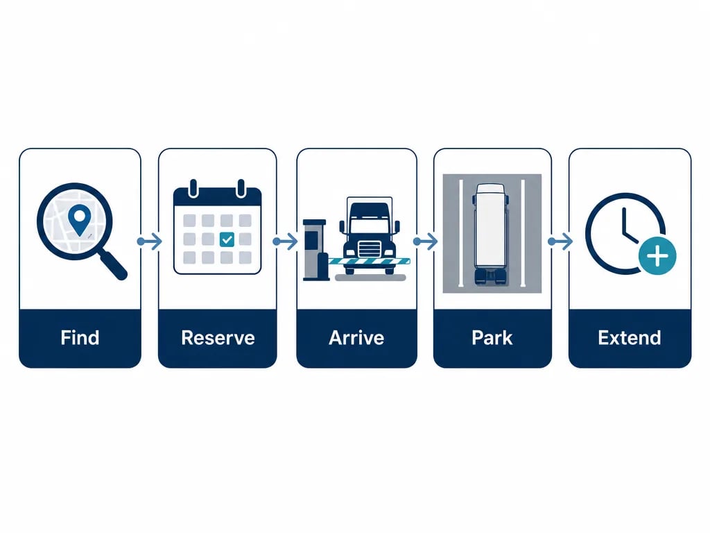 Five-stage process graphic of the digital truck parking driver journey — Find, Reserve, Arrive, Park, Extend.