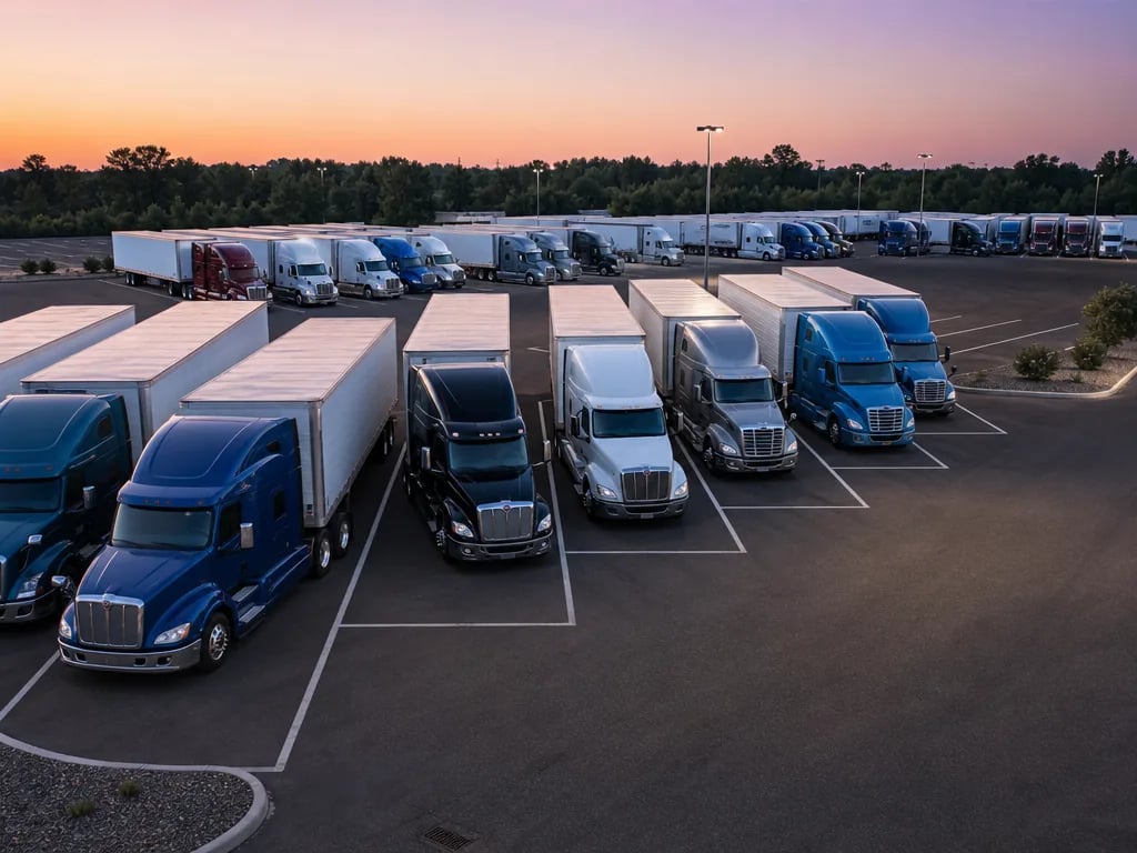 Aerial view of a large commercial truck parking facility at sunset, with many tractor-trailers parked in orderly rows within marked spaces.