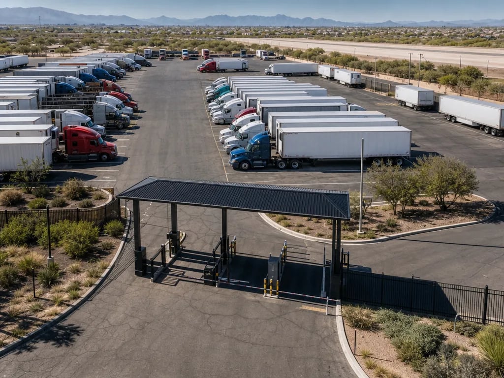 Elevated view of an organized commercial truck parking facility with a covered entry gate and rows of tractor-trailers parked along a central drive aisle.