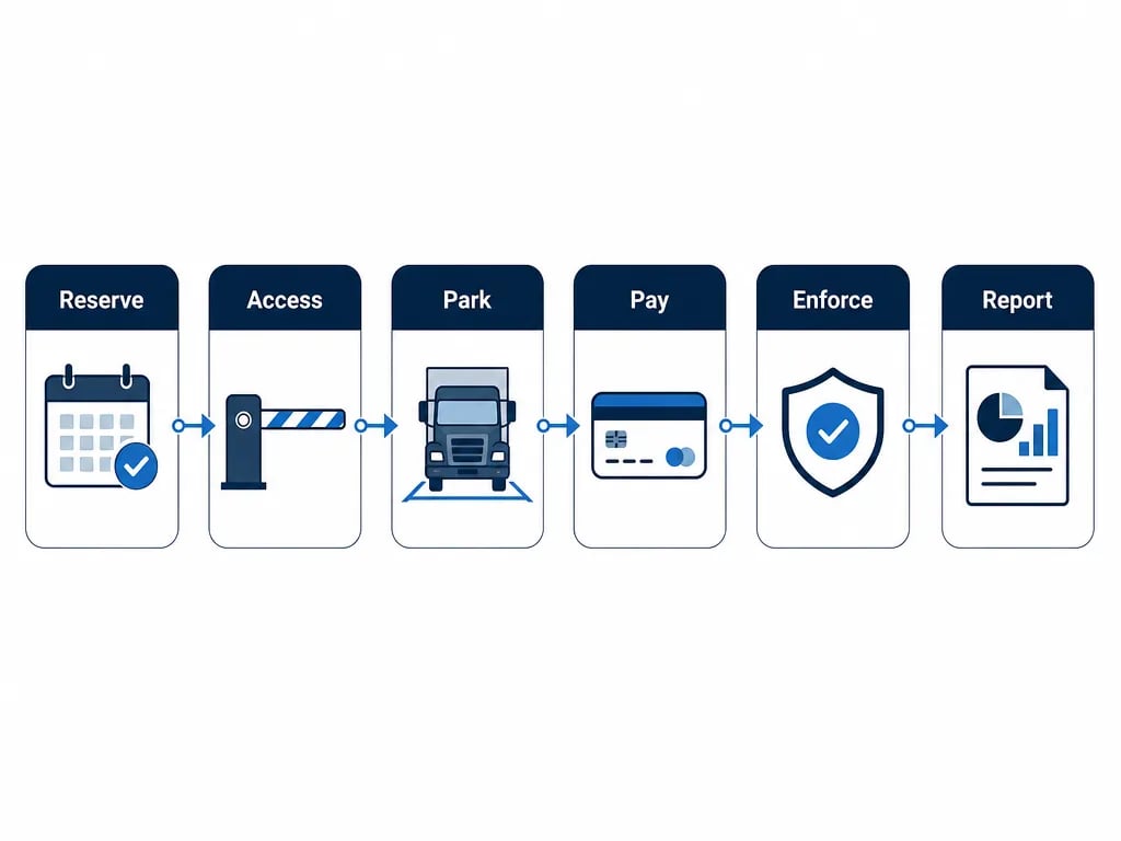 Six-stage process graphic of the truck parking operations lifecycle — Reserve, Access, Park, Pay, Enforce, Report.