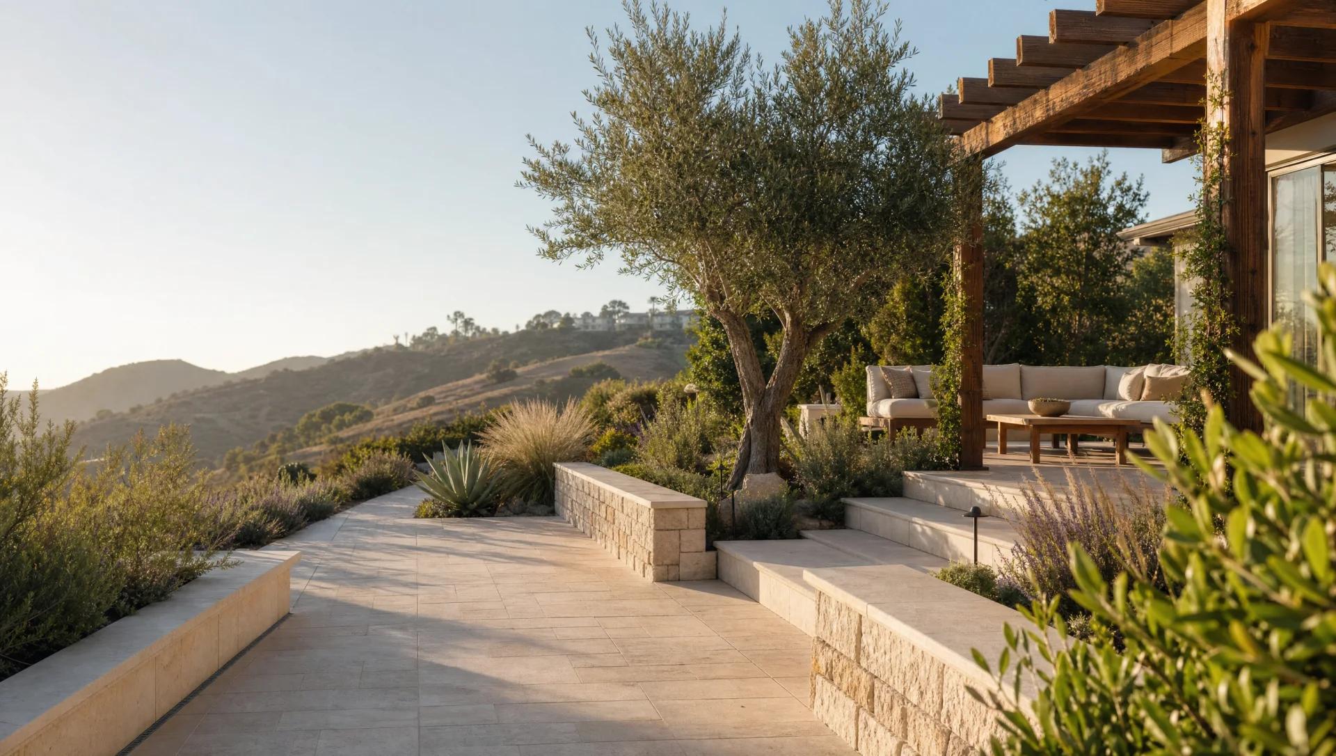 A limestone-colored terrace, pergola, and low-water garden