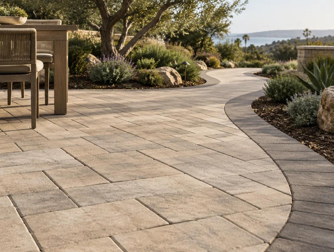A paved patio with defined borders and garden connections