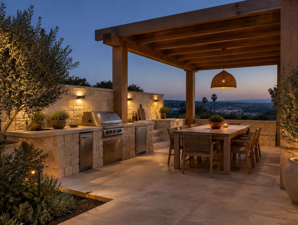 An outdoor cooking and dining area connected to the garden