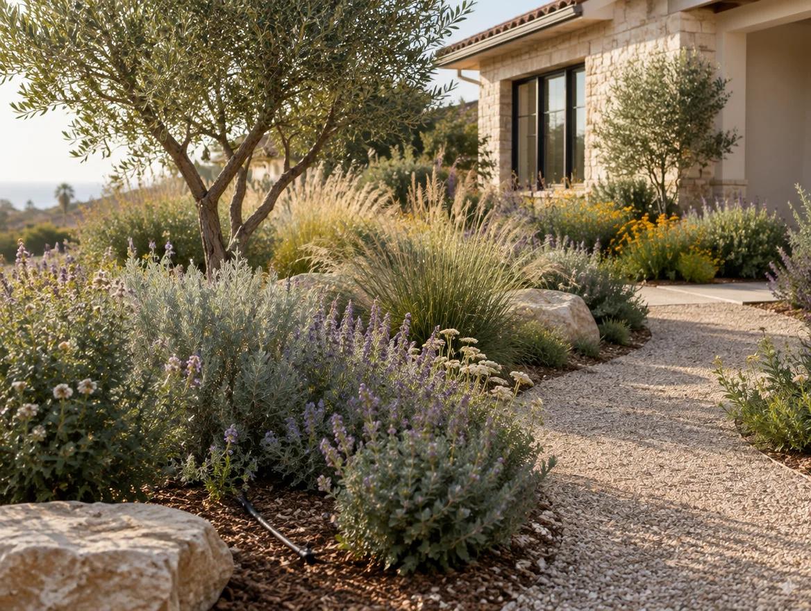 Water-conscious garden planting arranged around landscape paths