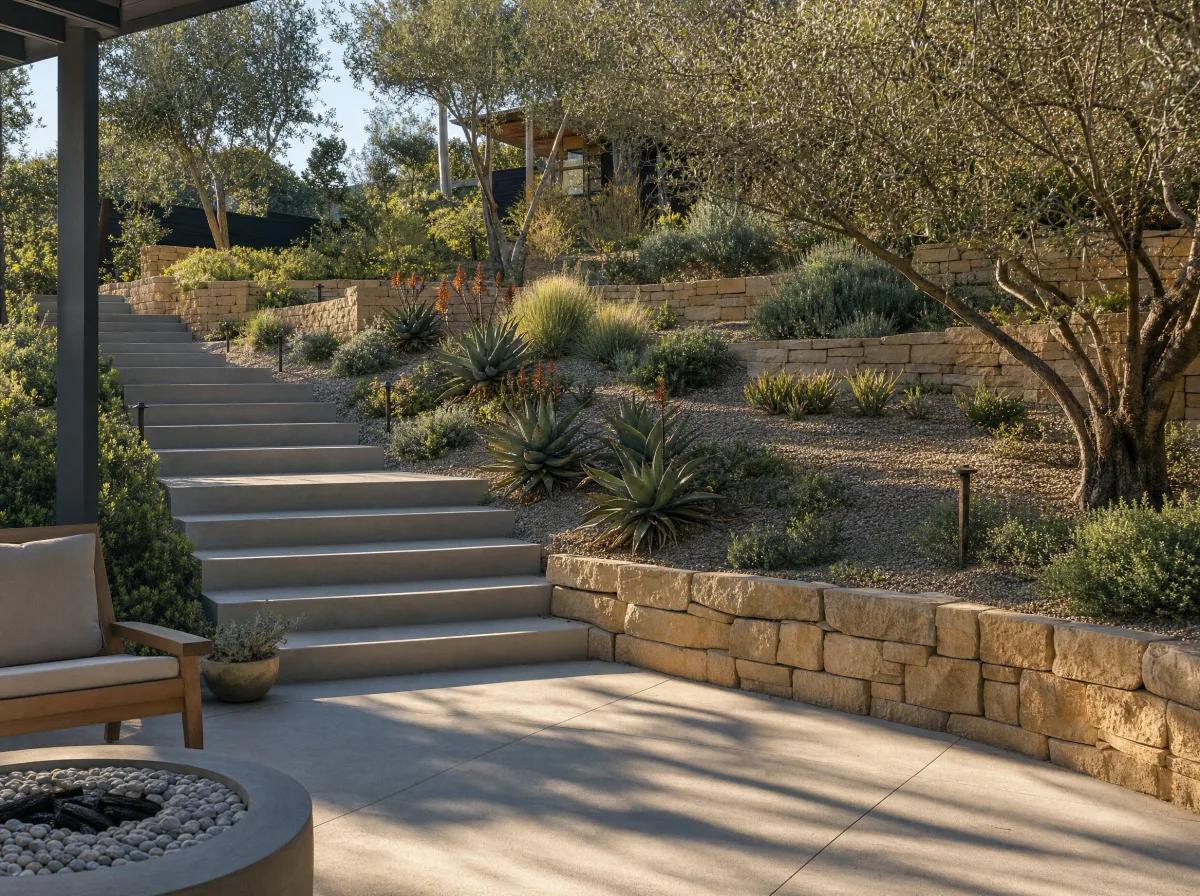 Terraced retaining walls with broad steps and water-conscious planting