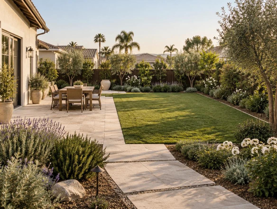 A backyard with connected seating, paving, and planting areas