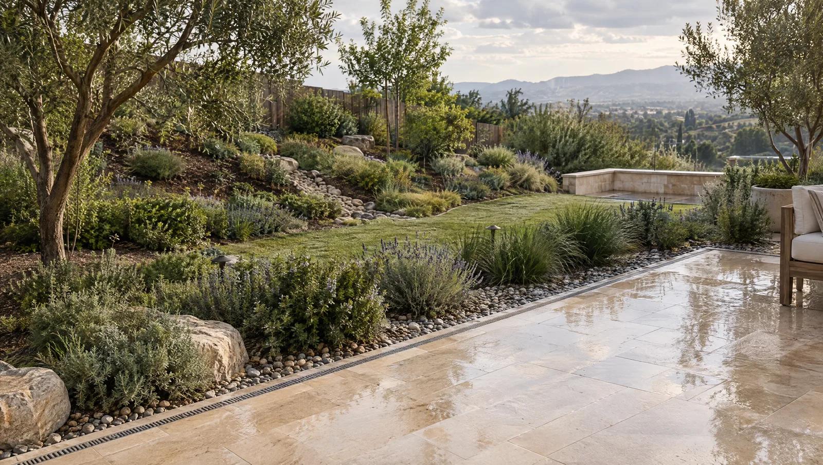 A patio edge with a linear drain and planted garden