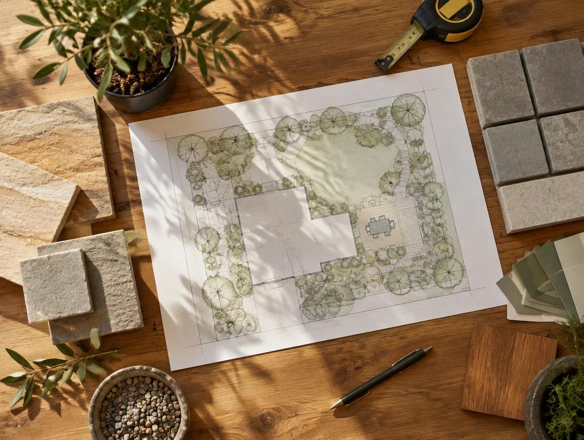 A landscape plan and material selections prepared for project review