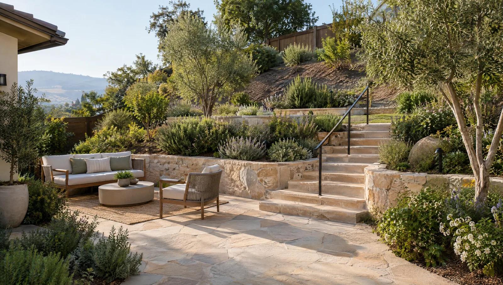 A terraced sloping garden with stone steps and seating