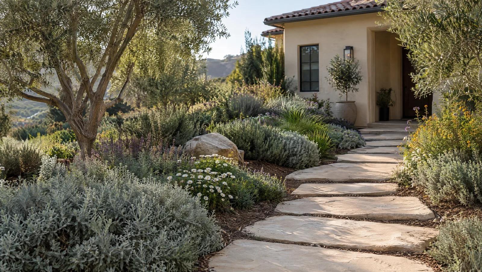 Layered water-conscious planting beside a stone entry path