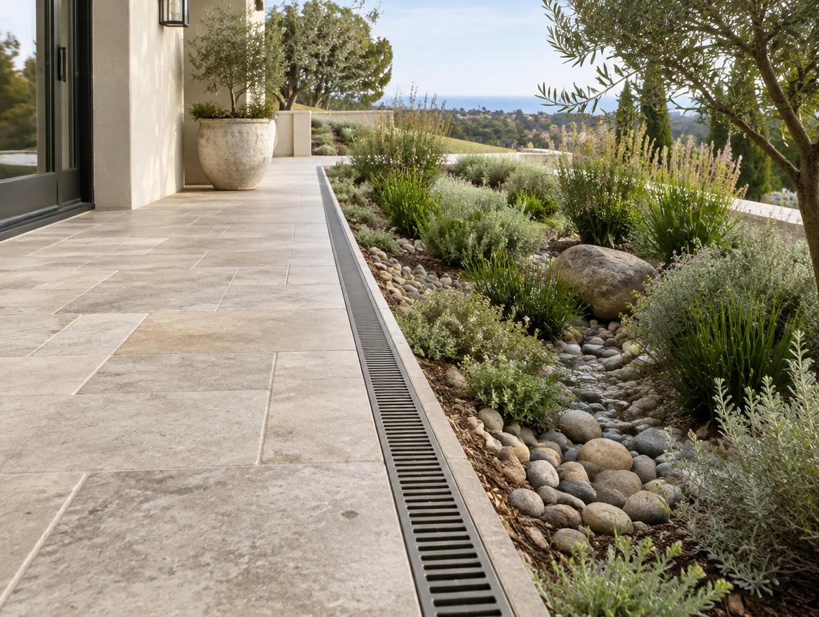 A landscape drainage route coordinated with paving and planting