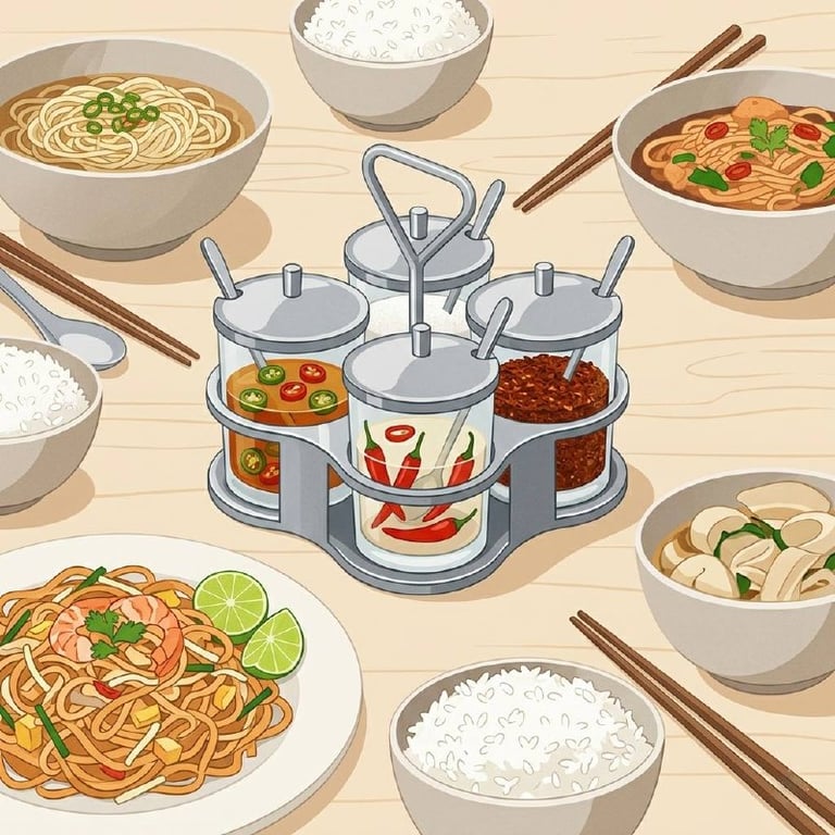 Thai condiments tray — fish sauce, chillies, vinegar, sugar, and chilli flakes for balancing Thai dishes at the table