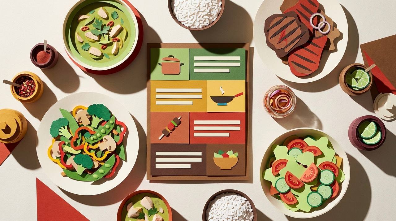How Thai people balance a meal — shared dishes arranged for contrast across the table with rice, curry, stir-fry, and salad
