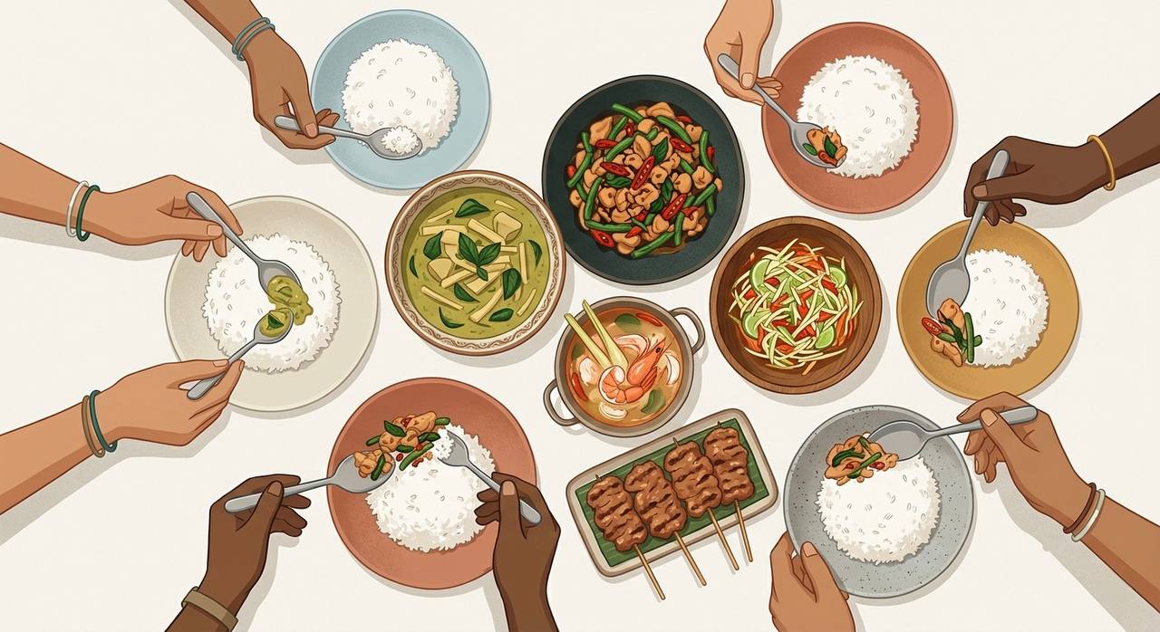 Thai sharing dishes tradition — eating family-style with shared curries, rice, and communal plates