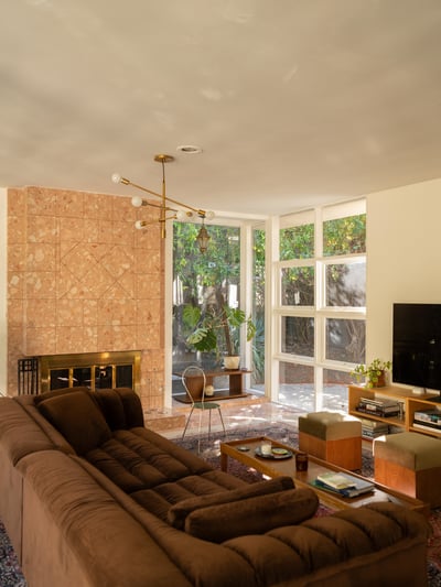 Mid-Century Modern Living Room with Stone Fireplace