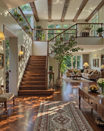 Sun-Drenched Rustic Interior with Wooden Staircase