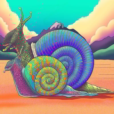 Trippy Snail Duo in a Neon Desert Landscape