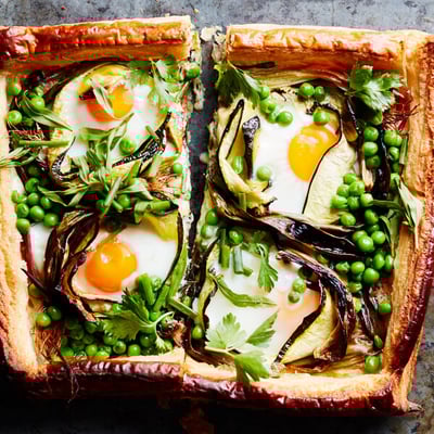 Rustic Puff Pastry Tart with Eggs and Spring Greens