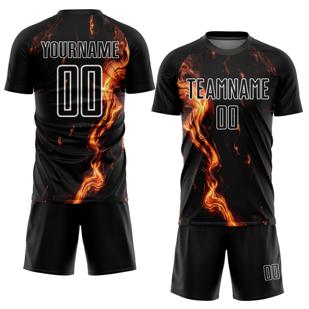 Camiseta Flame personalizada, uniforme dorado y blanco, sublimación, fútbol negro