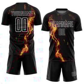 Camiseta Flame personalizada, uniforme dorado y blanco, sublimación, fútbol negro
