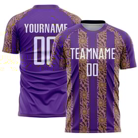 Camiseta de fútbol de sublimación personalizada con diseño abstracto dorado, color morado y blanco antiguo