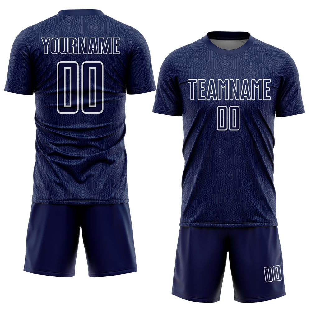 Maglia da calcio sportiva uniforme personalizzata con stampa a sublimazione bianca, forma geometrica, blu navy