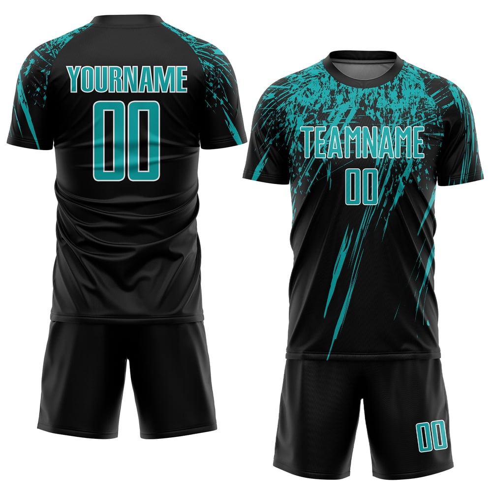 Soccer Black Sublimation Uniform Aqua-White Custom Jersey