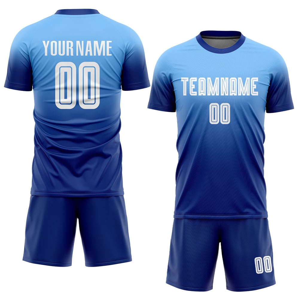 Custom White-Royal Light Sublimation Uniform Fashion Blue Fade Soccer Jersey