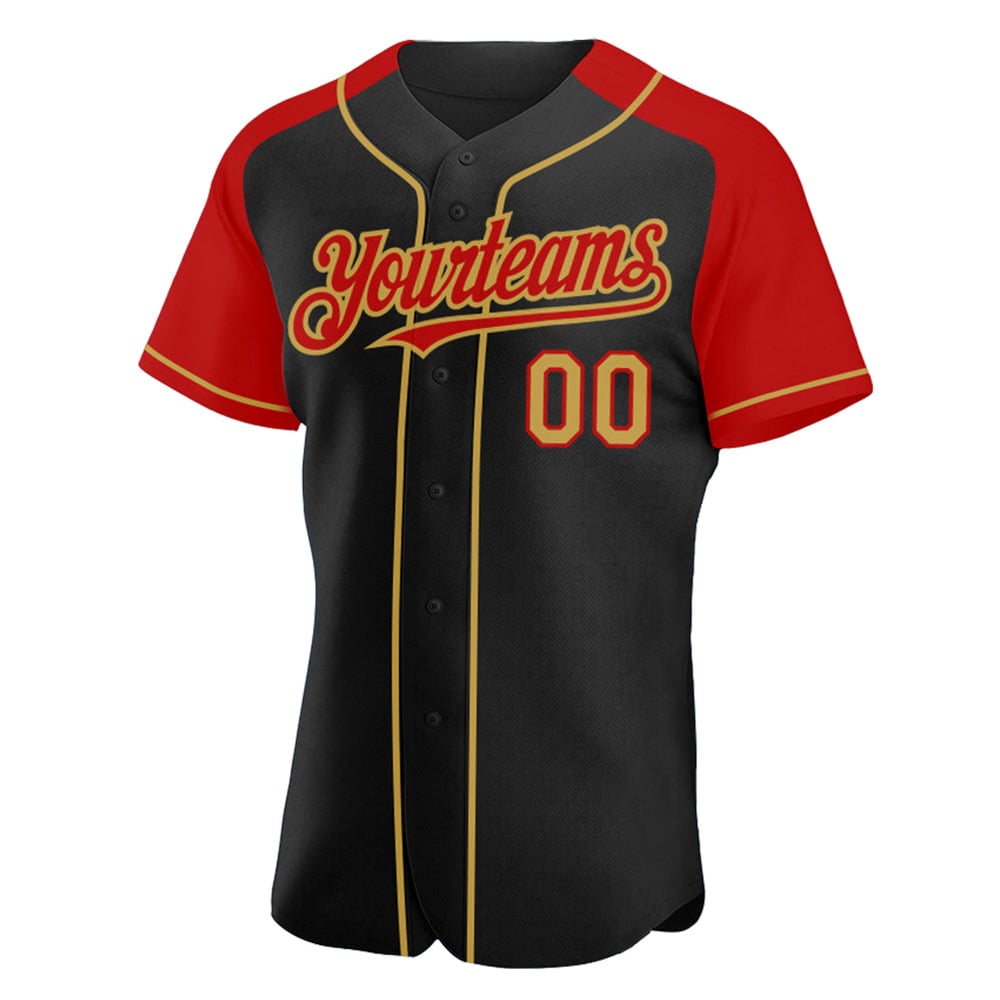 Raglan Gold-Red Black Sleeves Custom Authentic Jersey Baseball Old