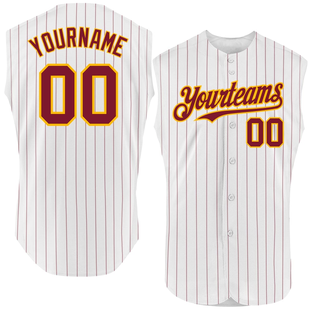 Custom Gold Authentic Sleeveless White Jersey Pinstripe Baseball Crimson