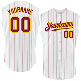 Custom Gold Authentic Sleeveless White Jersey Pinstripe Baseball Crimson