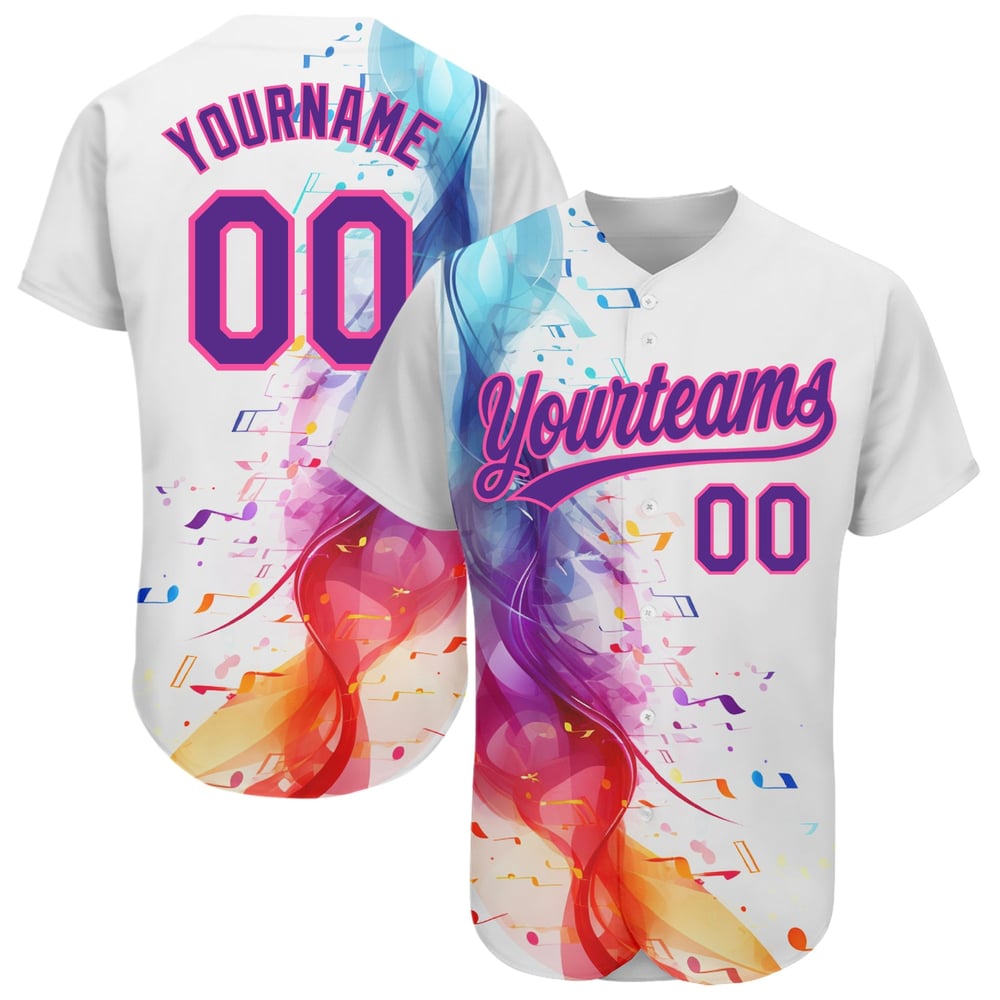 Camiseta de béisbol con diseño musical blanco, notas musicales, morado y rosa, personalizada, colorida y auténtica, para festivales 3D