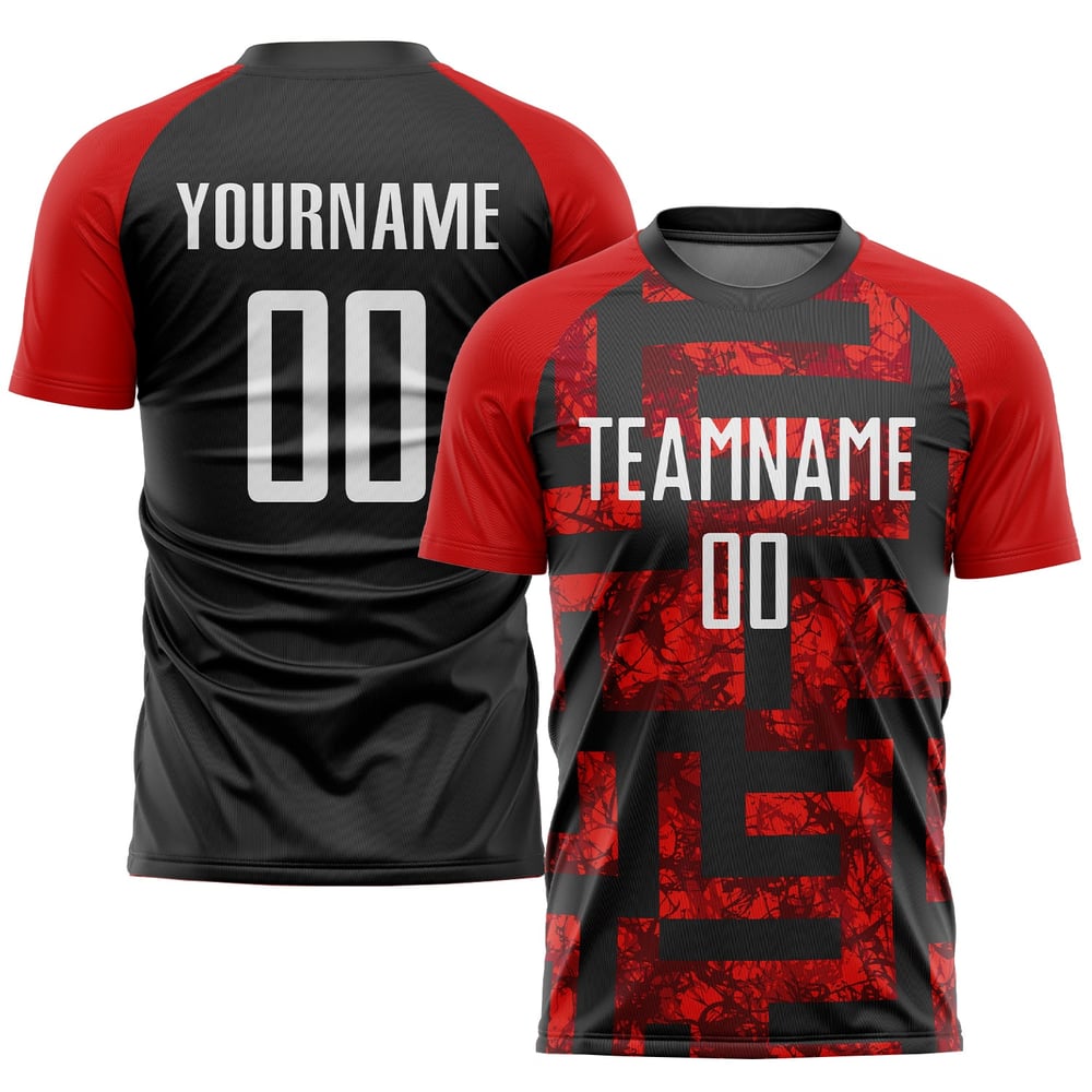 Maillot de football personnalisé à sublimation rouge, blanc et noir