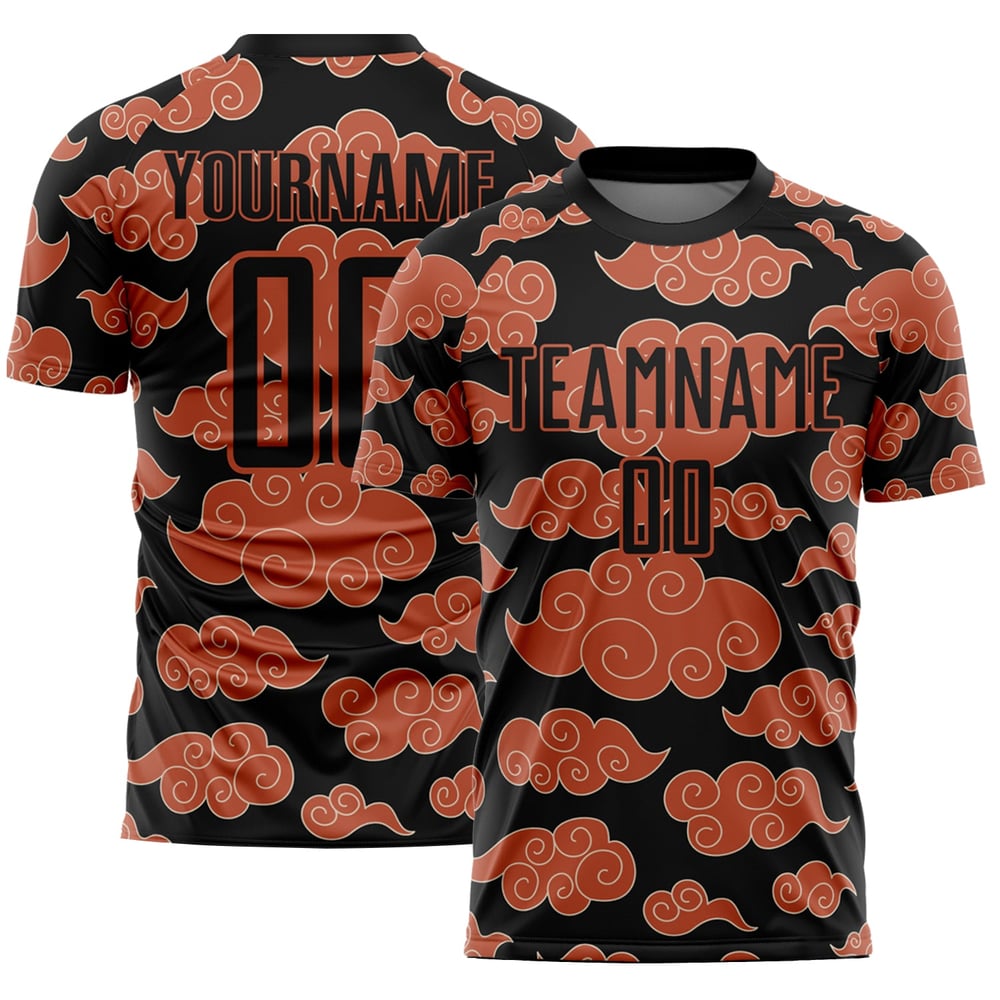 Camiseta de fútbol personalizada con patrón naranja de sublimación, uniforme negro nube