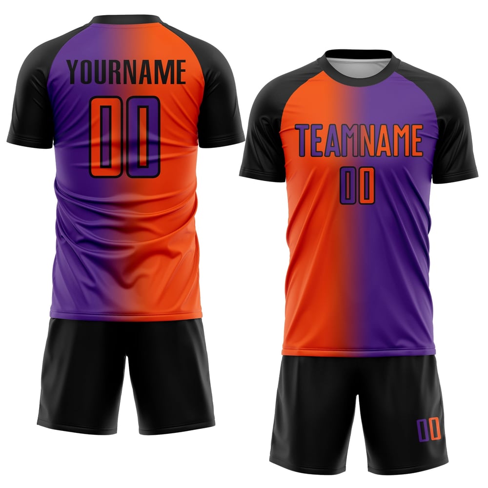 Mode Orange-Schwarz Fußball Custom Sublimation Uniform Jersey Lila Gradienten