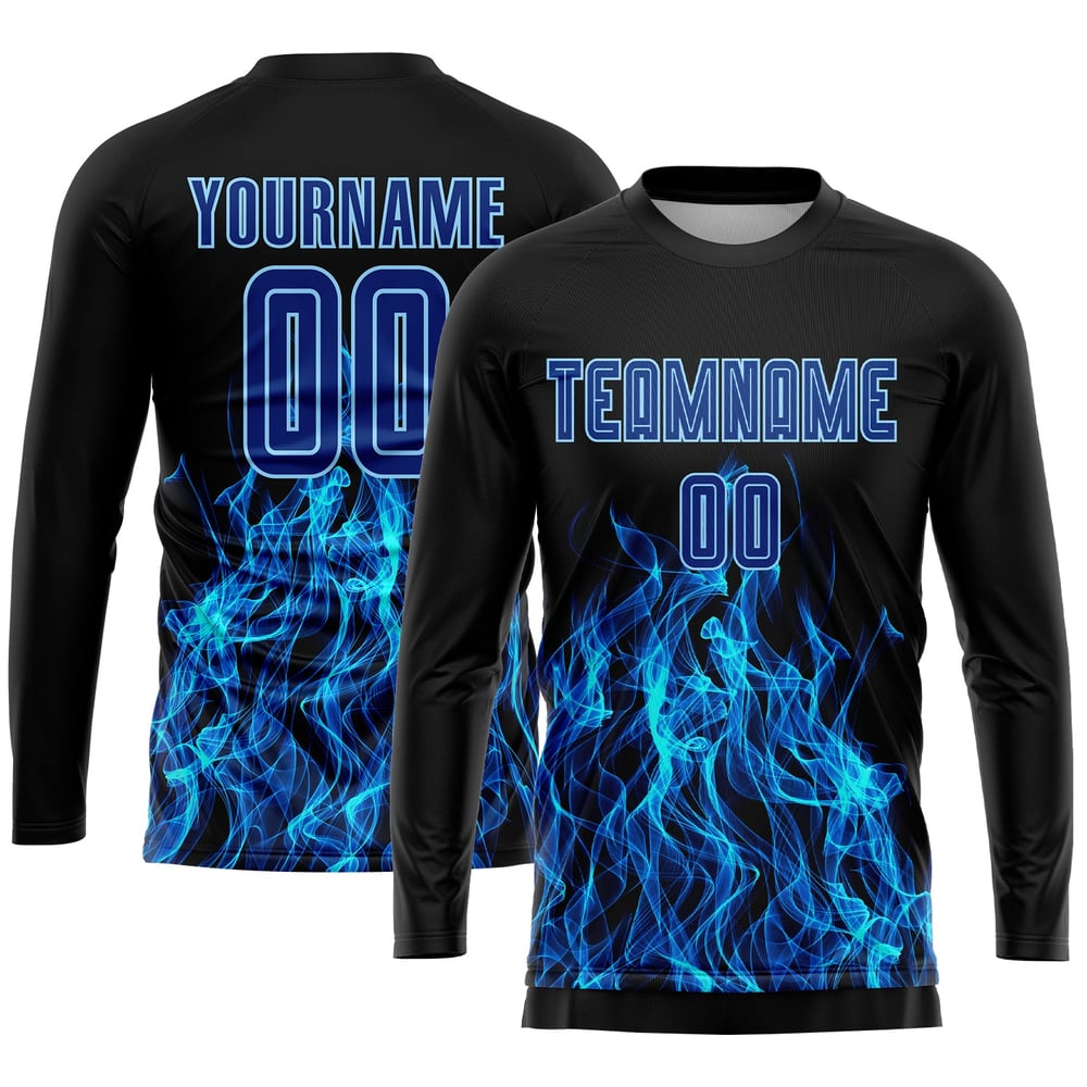 Royal-Light Black Blue Custom Soccer Sublimation Flame Uniform Jersey