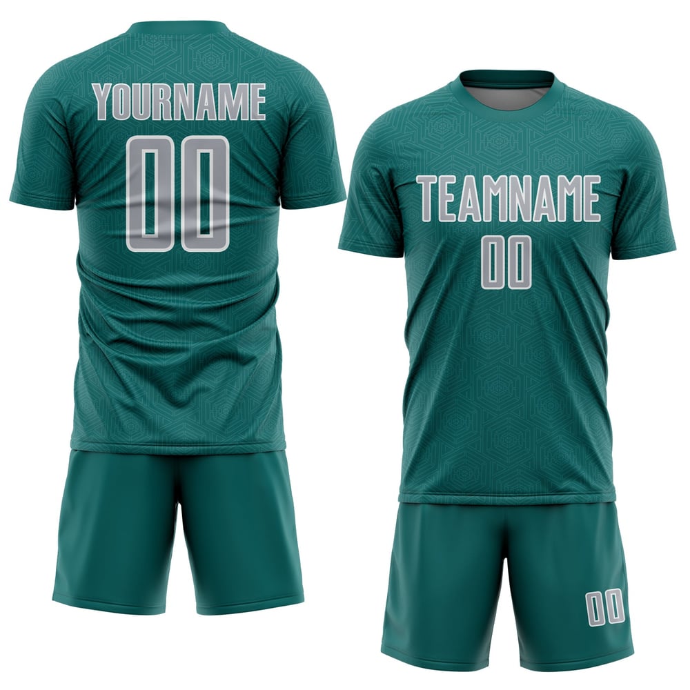 Maglia uniforme da calcio personalizzata con stampa geometrica a sublimazione grigio-bianca, colore verde acqua