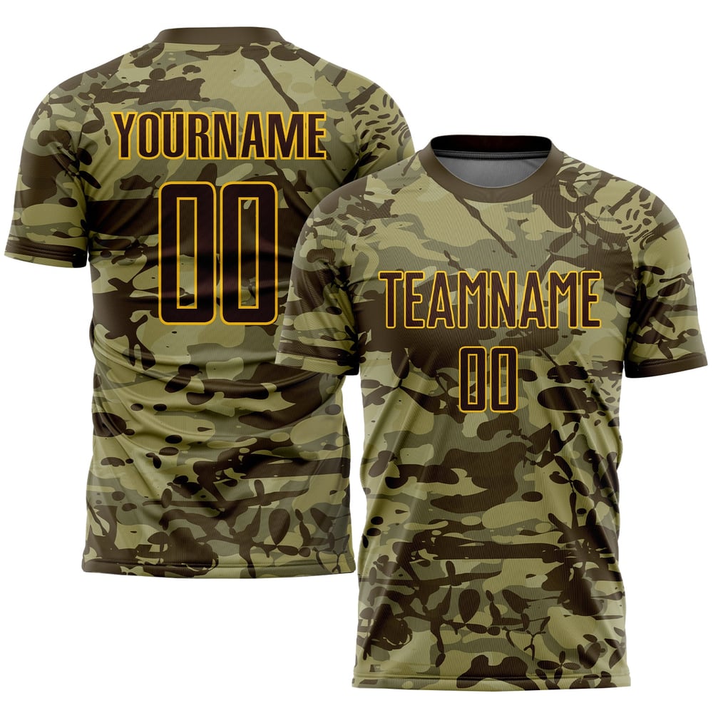 Salute Camo Sublimation Fotbollstjänst Till Anpassad Jersey Brun-Guld Uniform