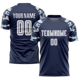 Maillot de football personnalisé à sublimation, bleu marine, blanc et camouflage