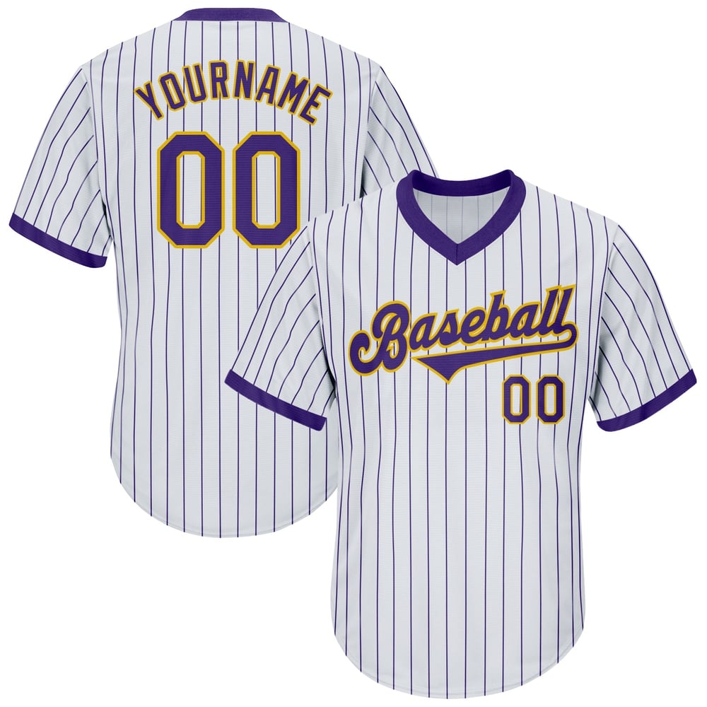 Maglia autentica personalizzata da baseball retrò bianca a righe viola-oro a coste viola