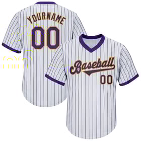 Maglia autentica personalizzata da baseball retrò bianca a righe viola-oro a coste viola