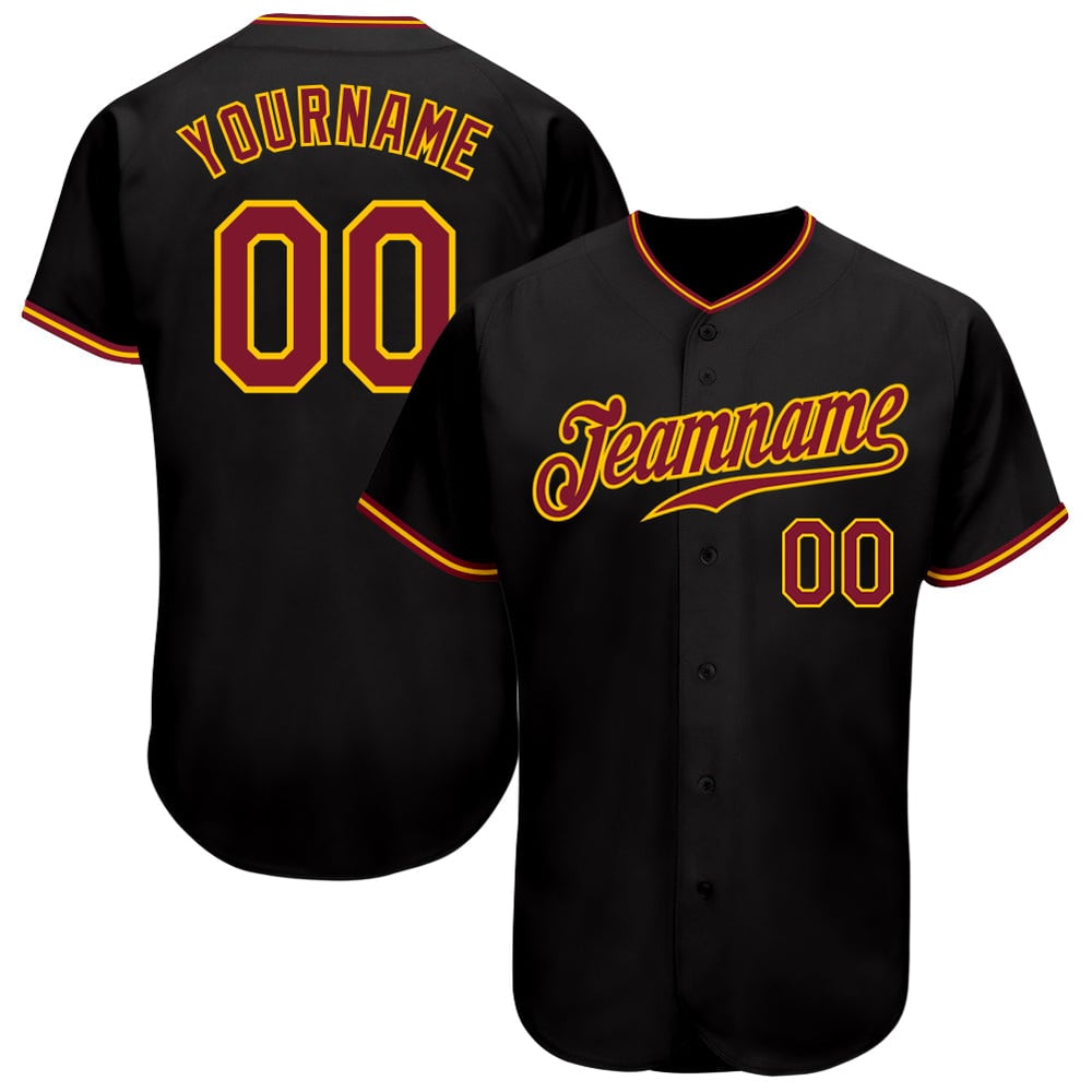 Camiseta de béisbol carmesí-dorada negra personalizada auténtica