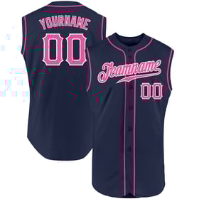 Camiseta de béisbol personalizada sin mangas auténtica en rosa, blanco y azul marino