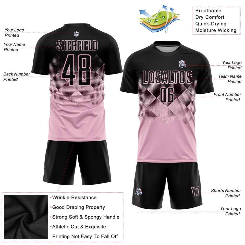 Custom Light Pink Uniform Black Jersey Sublimation Soccer