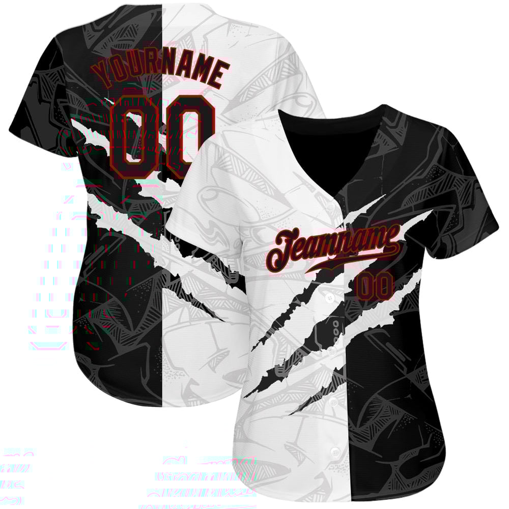 Maglia da baseball 3D rossa e nera personalizzata con motivo autentico graffiti scratch