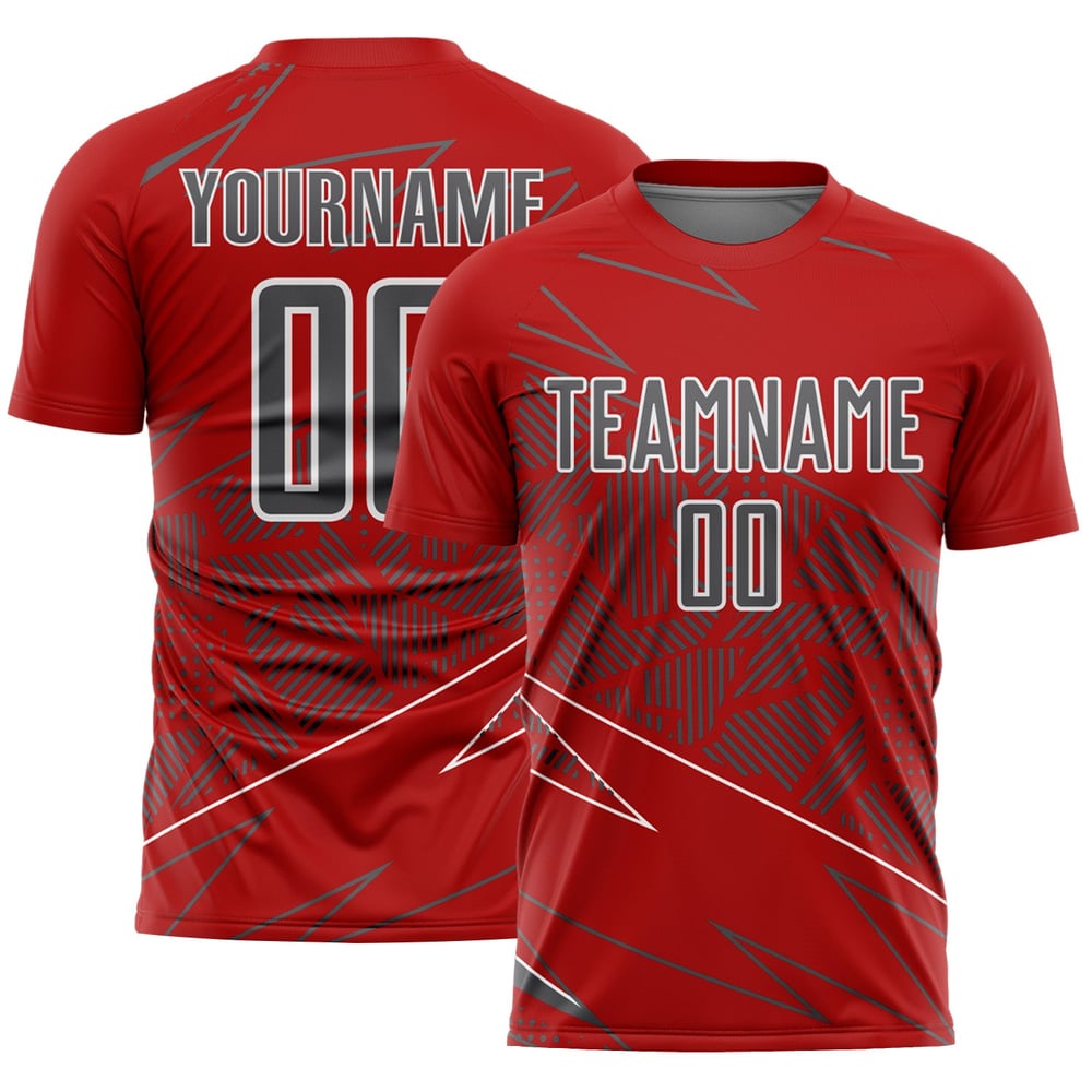 Maglia personalizzata rossa uniforme con sublimazione linee grigio-bianche sport calcio acciaio