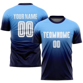 Maillot de football personnalisé bleu clair, blanc et bleu marine, imprimé par sublimation