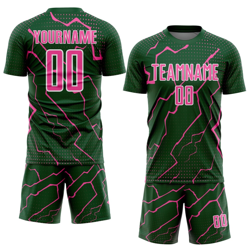 Maglia da calcio sportiva verde personalizzata rosa-bianca Lightning Uniform Sublimazione