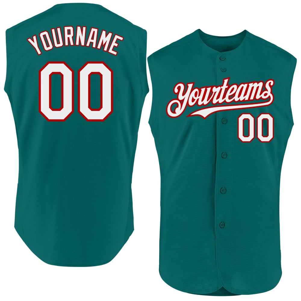 Custom Teal Authentic White-Red Jersey Baseball Sleeveless